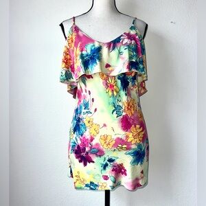 Misope Ruched Floral Tiered Ruffle Mini Dress Size Large
